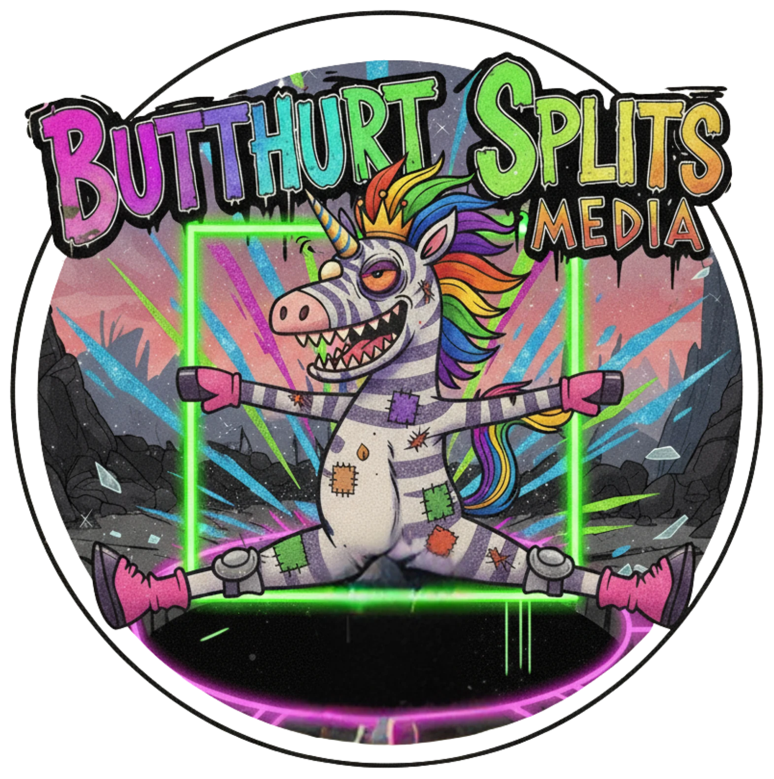 The Vitruvian Fuckup: a patched-up rainbow unicorn in a neon frame